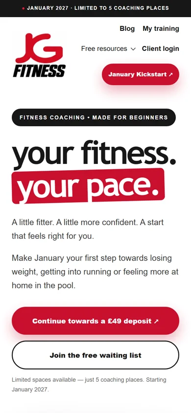 JG Fitness homepage on a phone